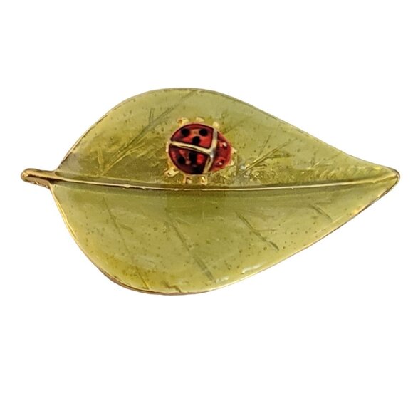 LIA Green Enamel Leaf Ladybug Trembler Brooch Pin, Signed M453 - Picture 3 of 7